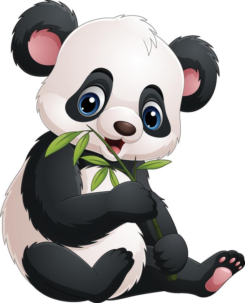 Cartoon funny panda eating bamboo leaves vector