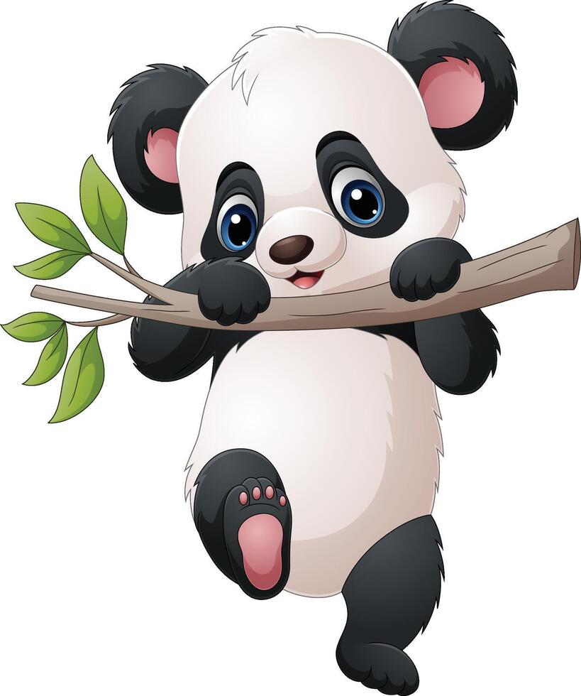 Cartoon panda hanging on tree branch vector