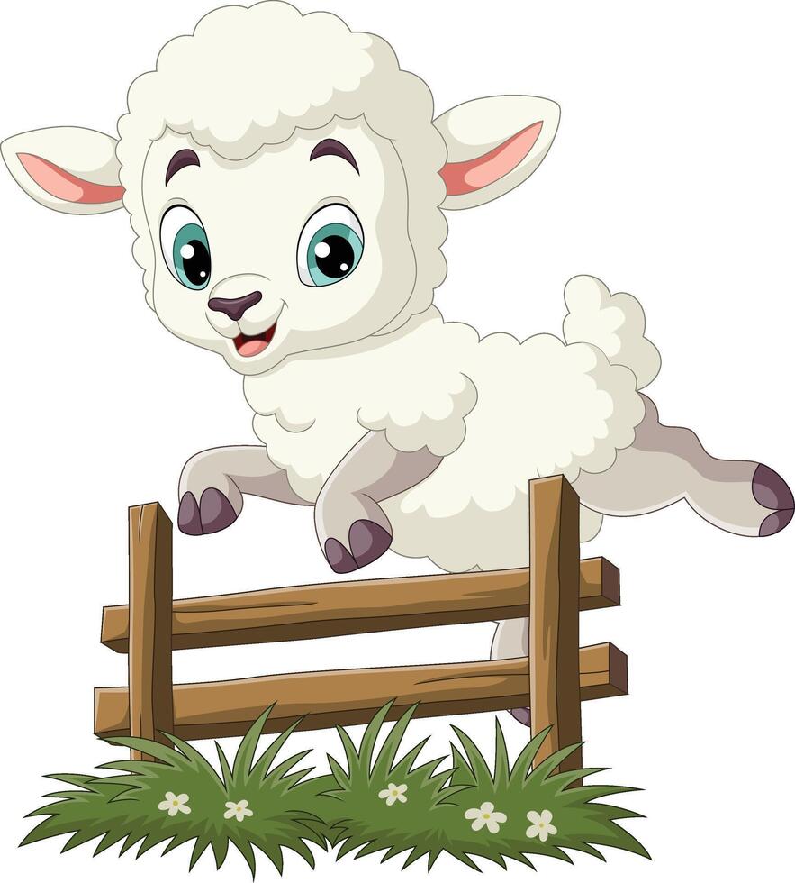 Cartoon sheep jumping over the fence vector