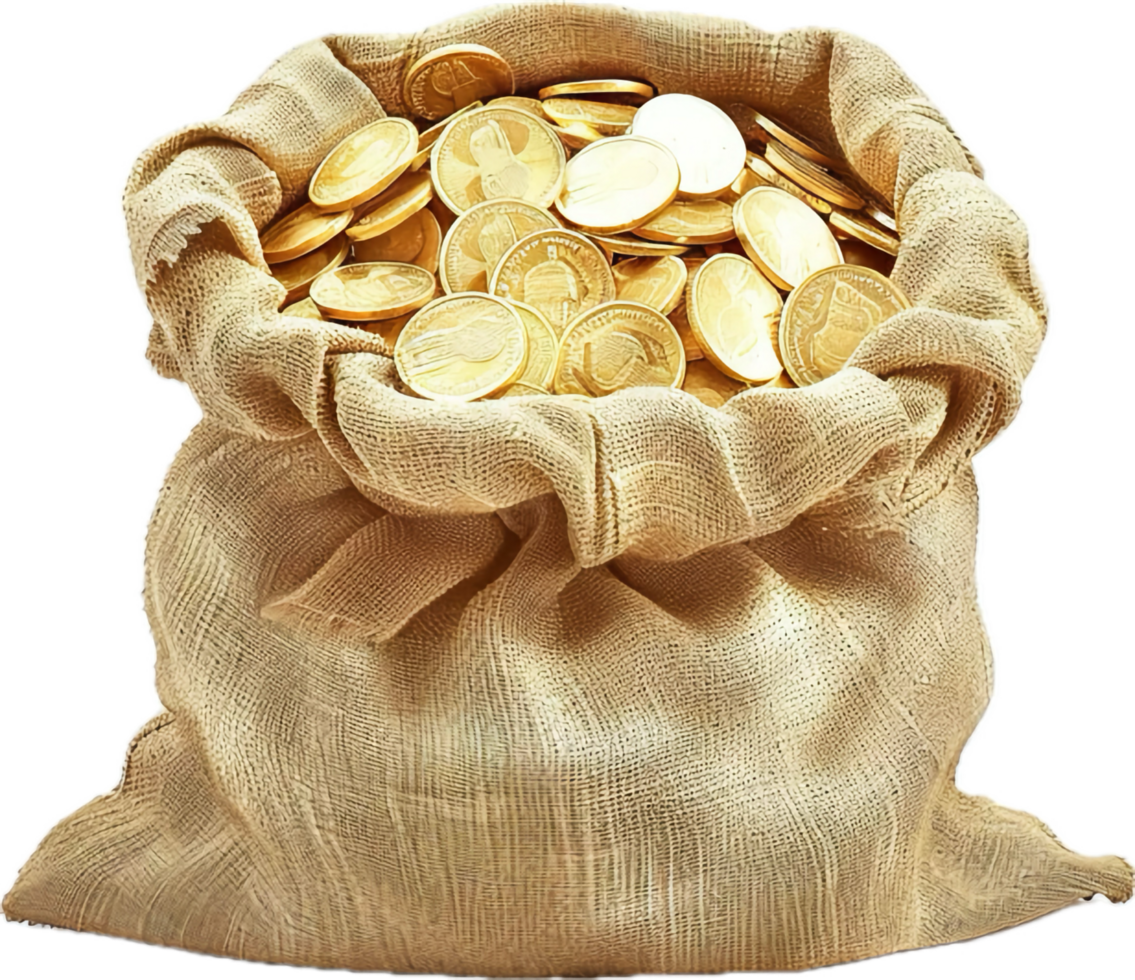 Burlap Sack Filled with Gold Coins. png