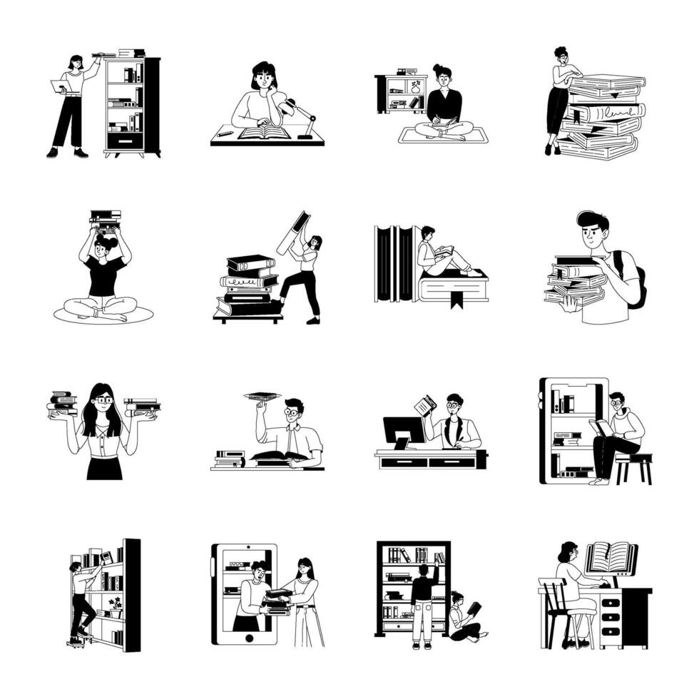 Set of 16 Glyph Style Library Illustrations vector