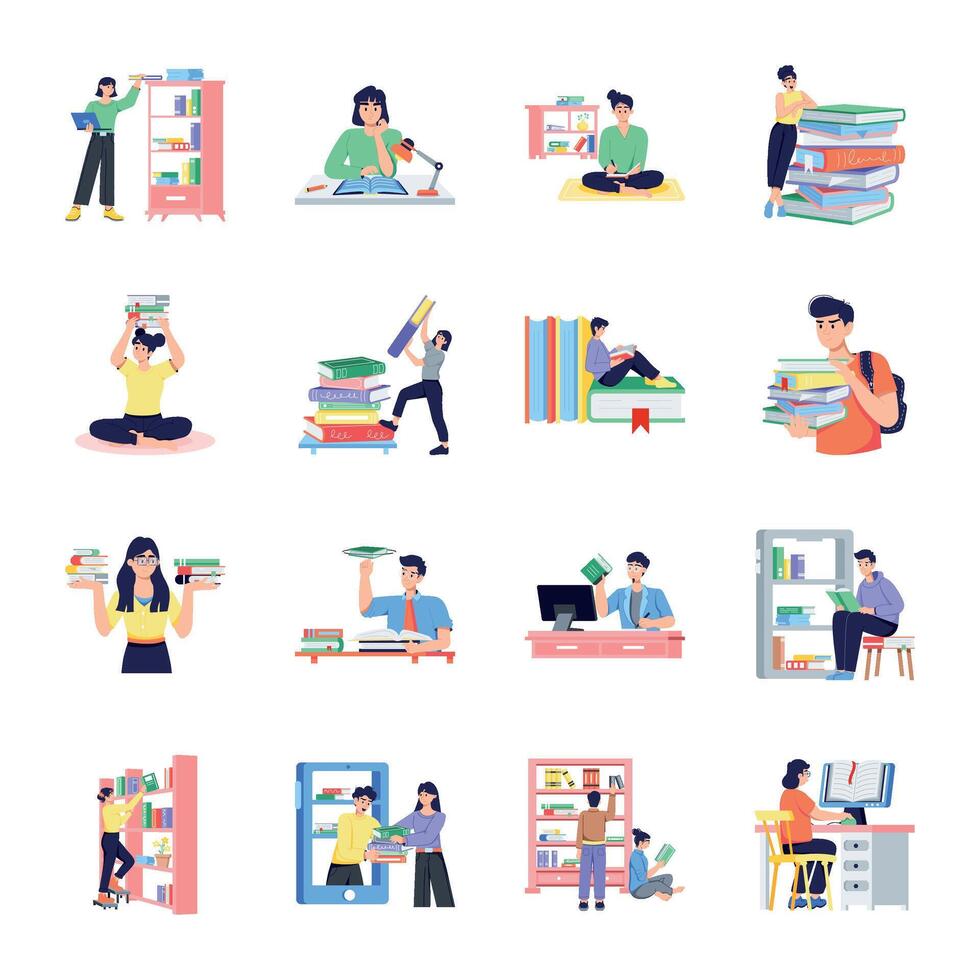 Set of 16 Flat Style Library Illustrations vector