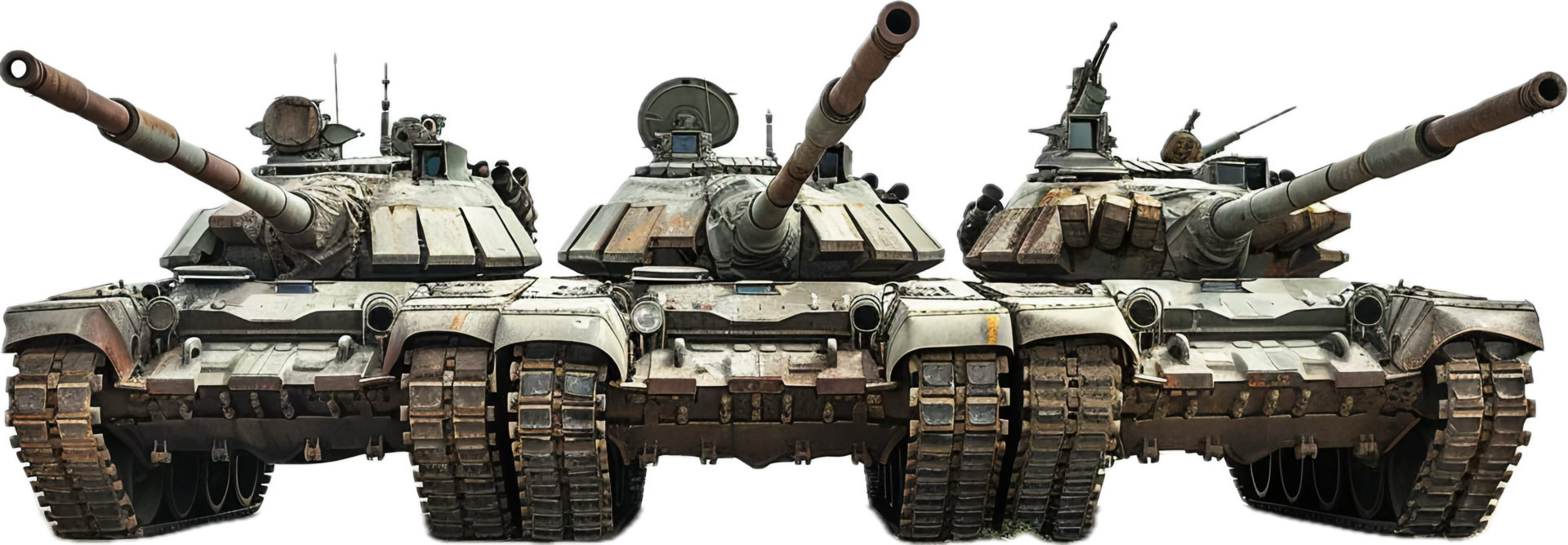 Front View of Three Rusty Military Tanks. png
