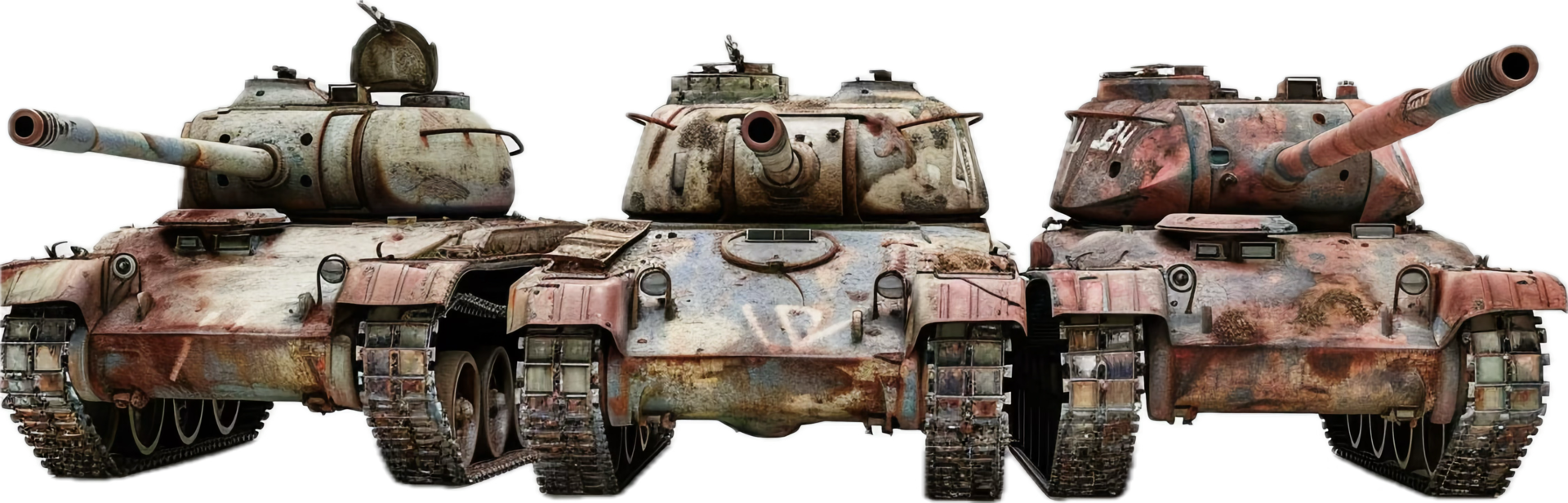 Front View of Three Rusty Military Tanks. png