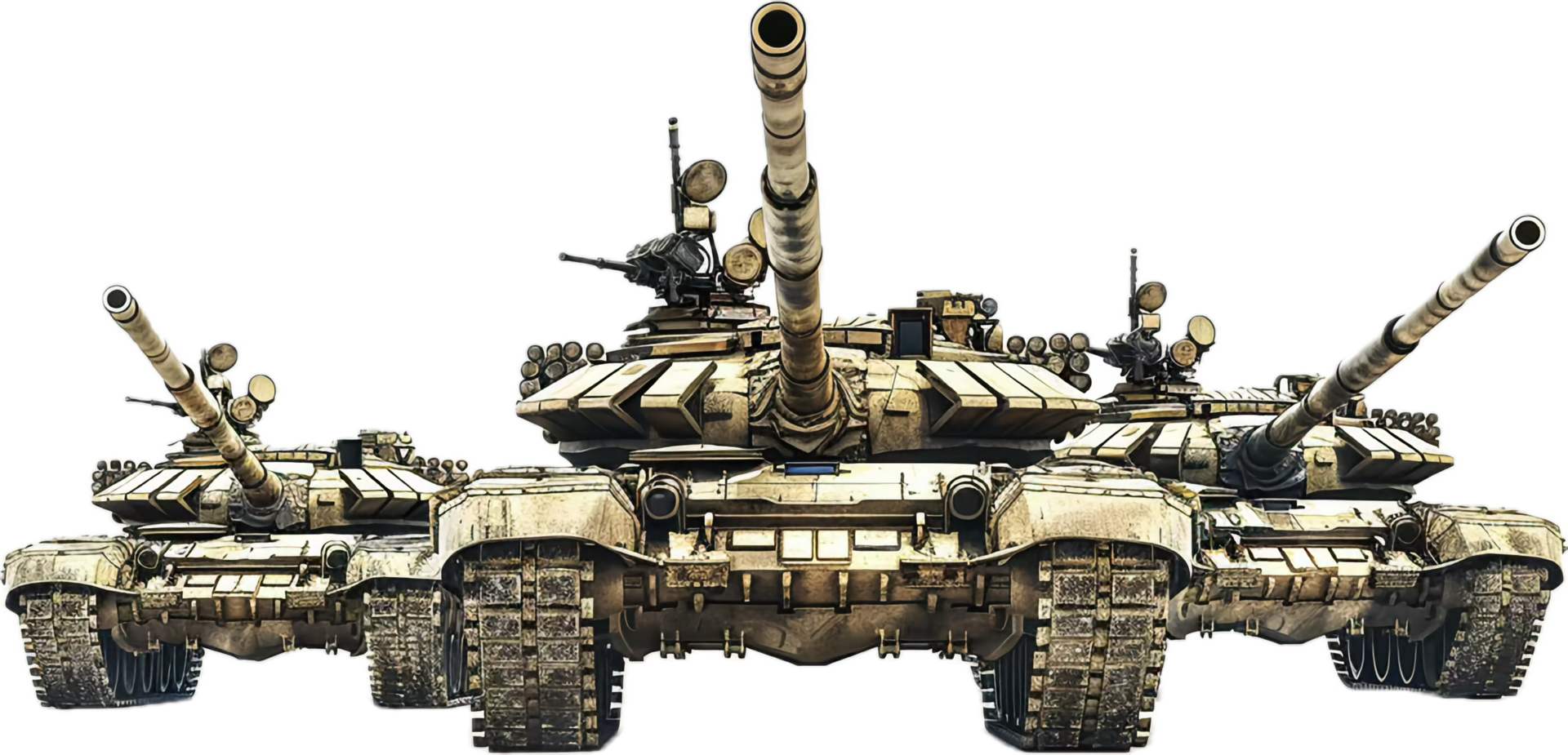 Front View of Three Rusty Military Tanks. png