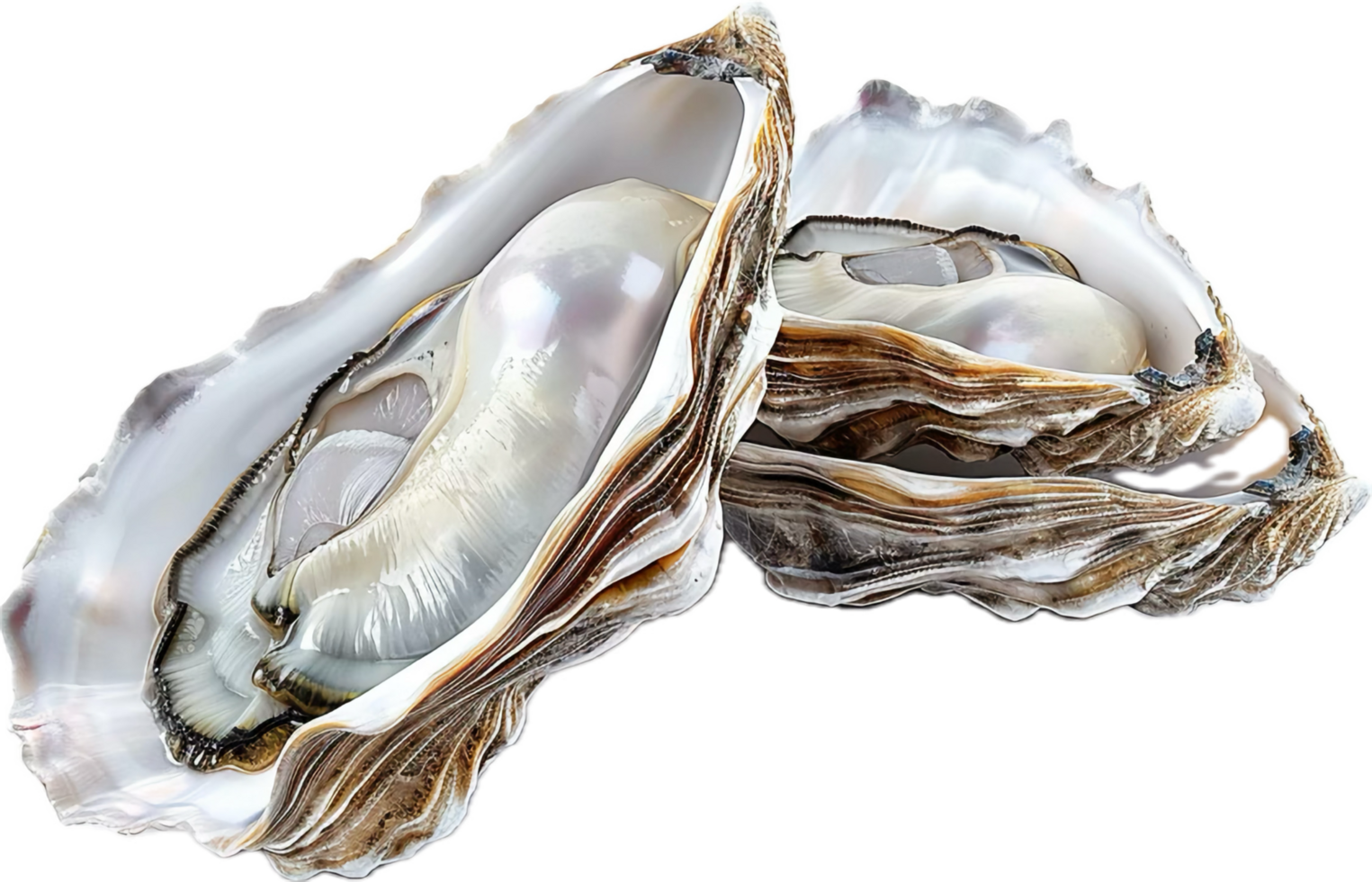 Open Oysters Displaying Pearlescent Interiors. png
