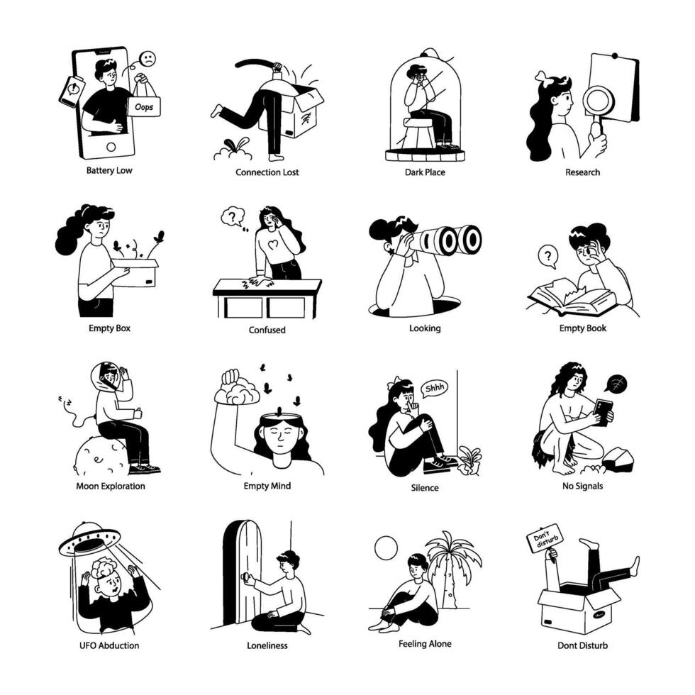 Collection of Empty States Hand Drawn Mini Illustrations vector