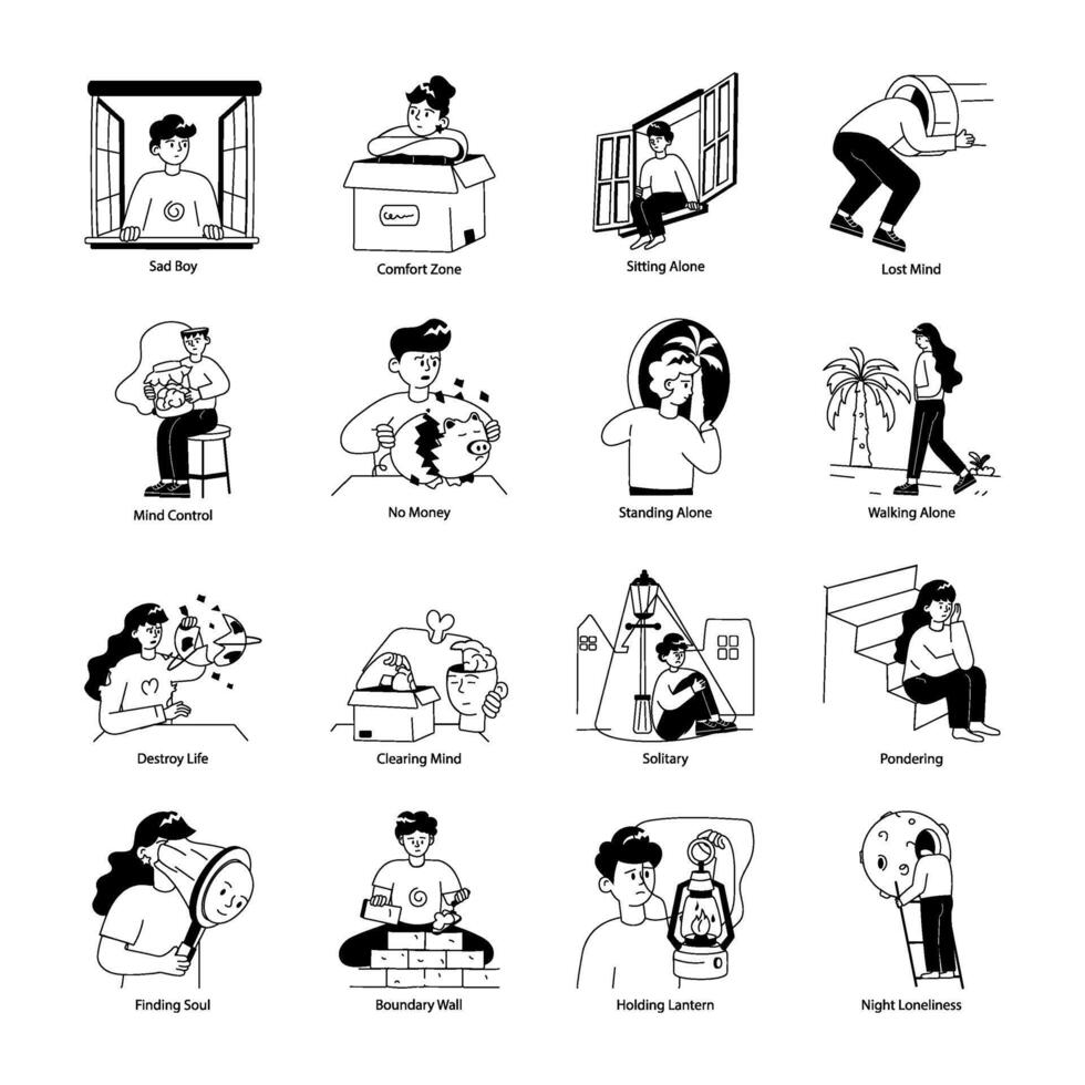 Set of Solitude Hand Drawn Mini Illustrations vector