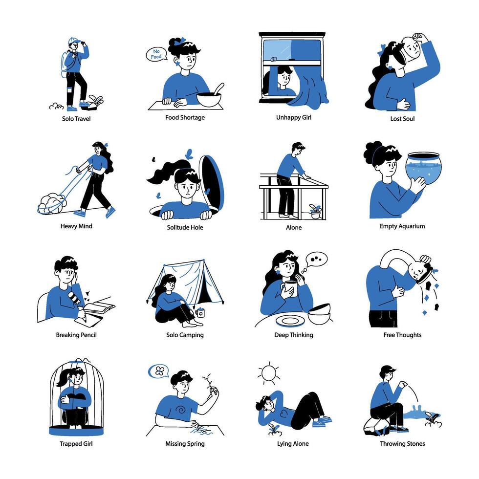 Bundle of Loneliness Hand Drawn Mini Illustrations vector