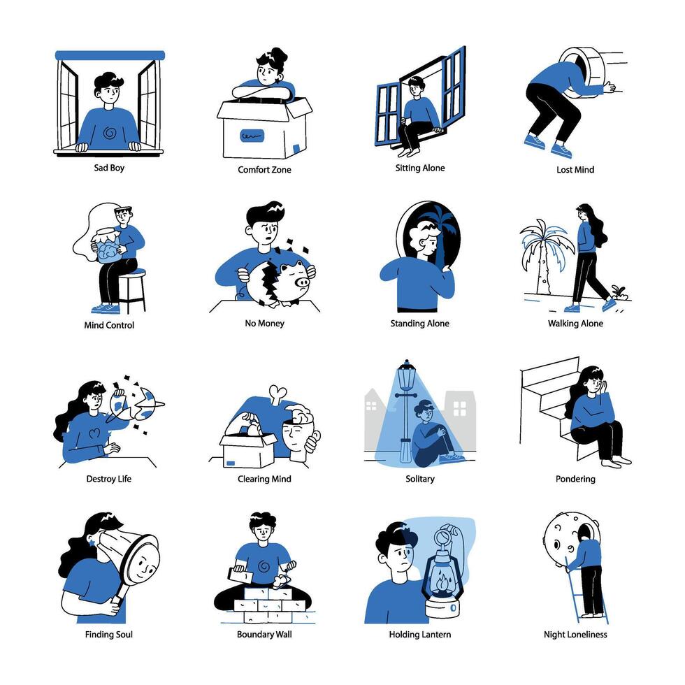 Set of Solitude Hand Drawn Mini Illustrations vector