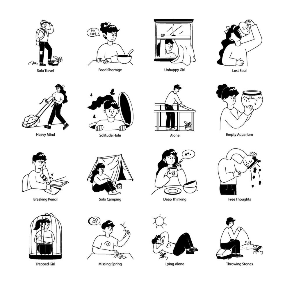 Bundle of Loneliness Hand Drawn Mini Illustrations vector