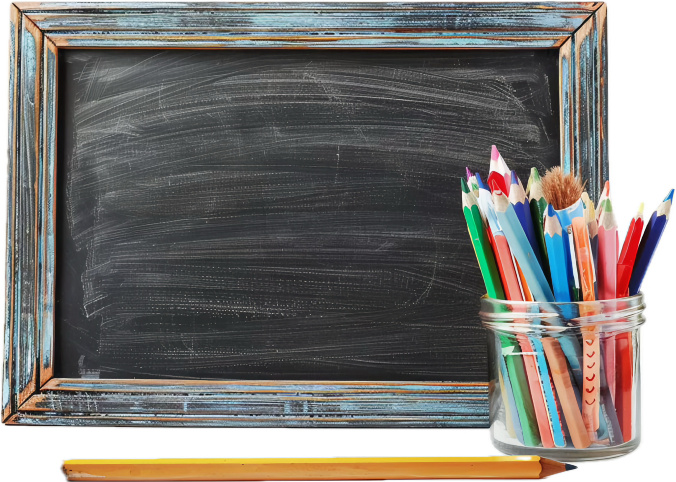 Empty Chalkboard with Colorful Pencils. png