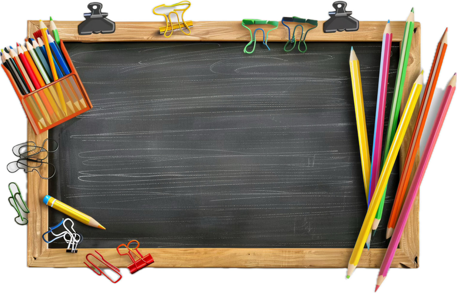 Empty Chalkboard with Colorful Pencils. png