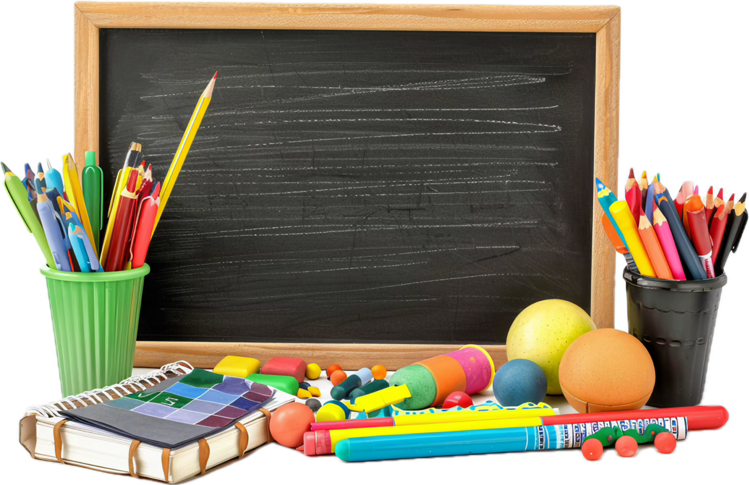 Empty Chalkboard with Colorful Pencils. png