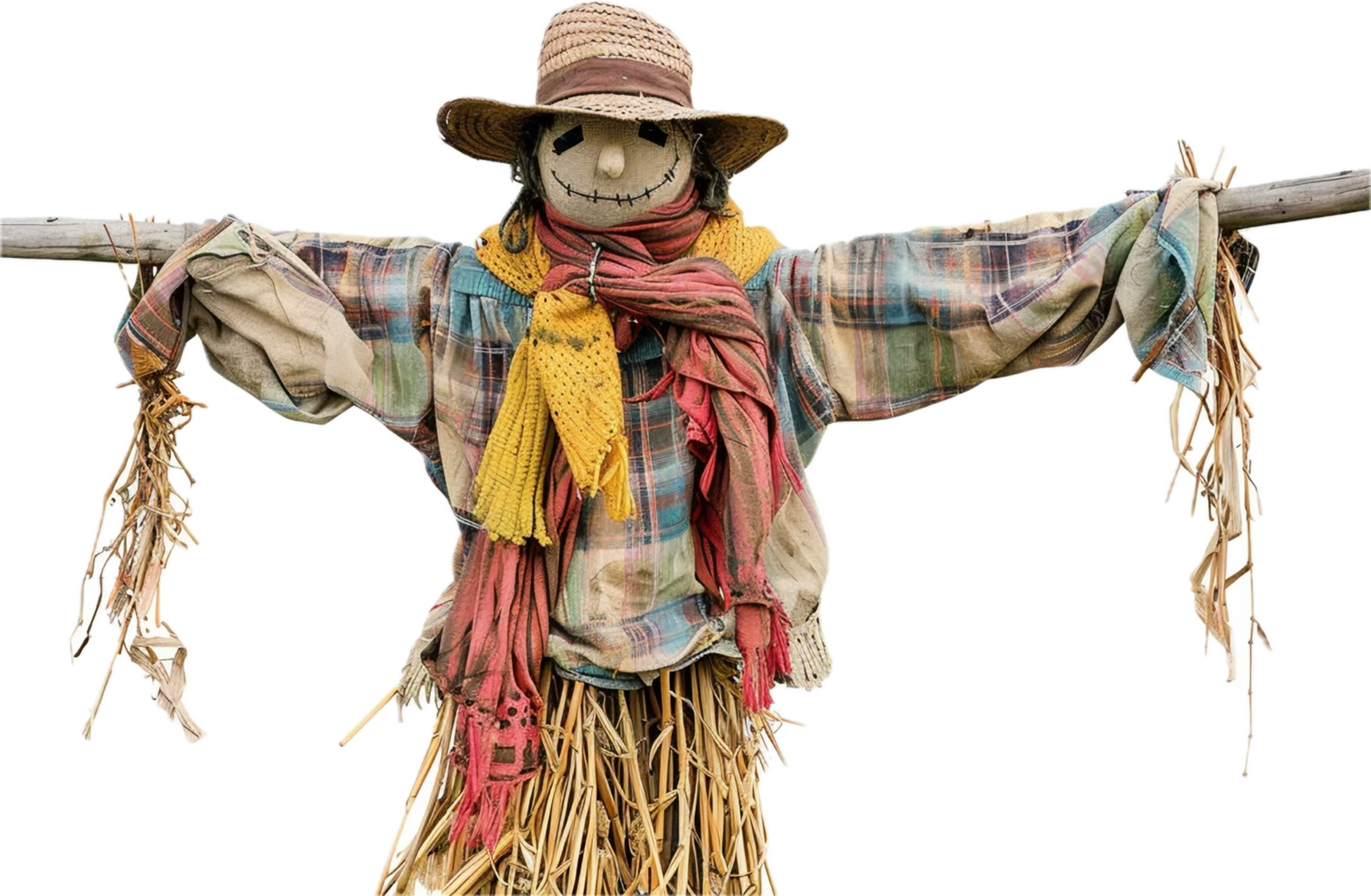 Cheerful Scarecrow in Plaid Shirt and Straw Hat. png