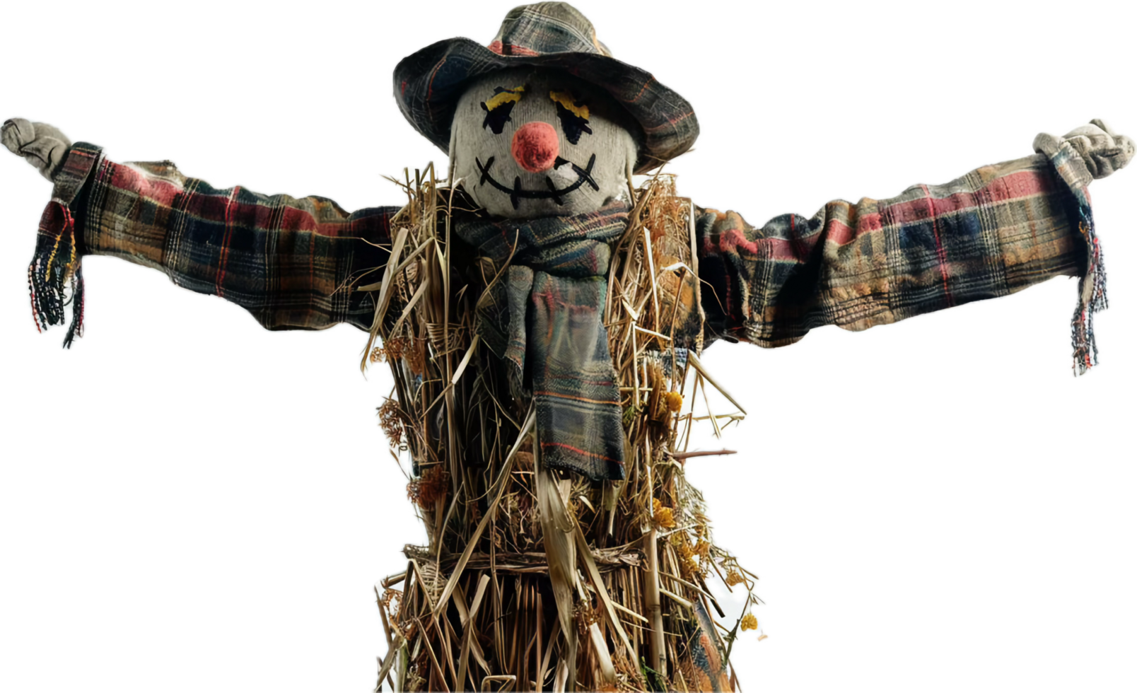 Cheerful Scarecrow in Plaid Shirt and Straw Hat. png