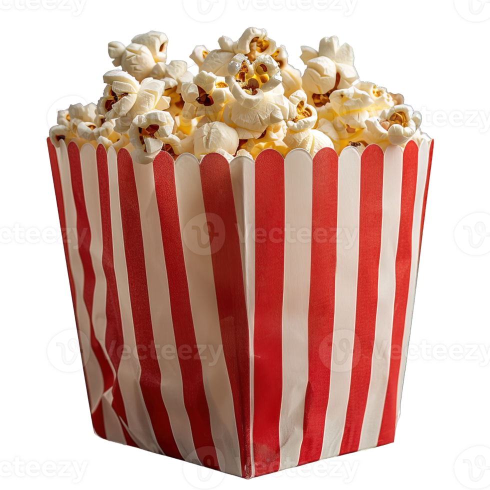 popcorn in a red and white striped paper bag isolated on transparent background , png