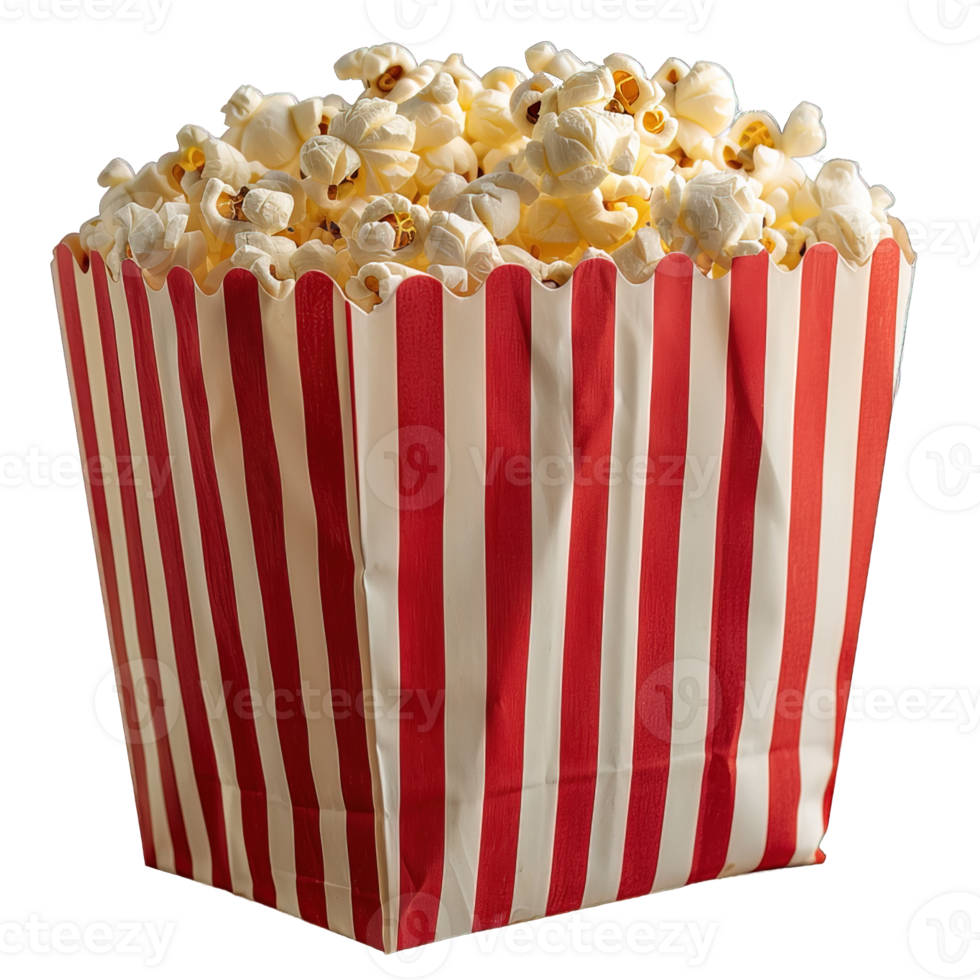 popcorn in a red and white striped paper bag isolated on transparent background , png