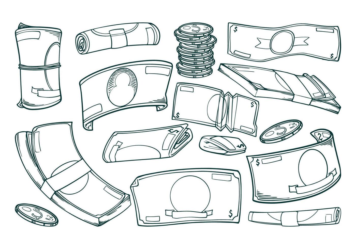 Hand drawn doodle set of dollar money in various objects illustration. vector