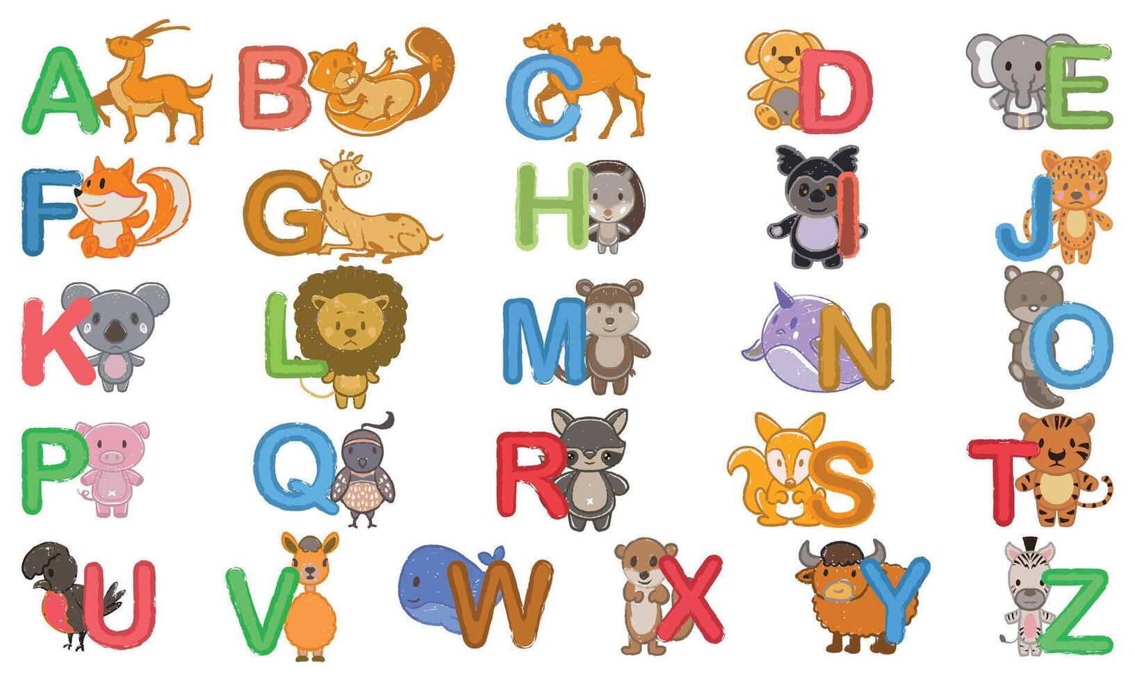 hand drawn children drawing set of colorful letters with animal characters vector