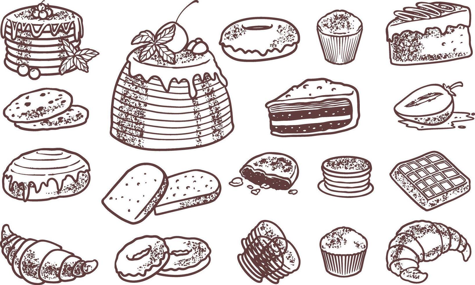 hand drawn engraving desserts set in many kinds of foods vector