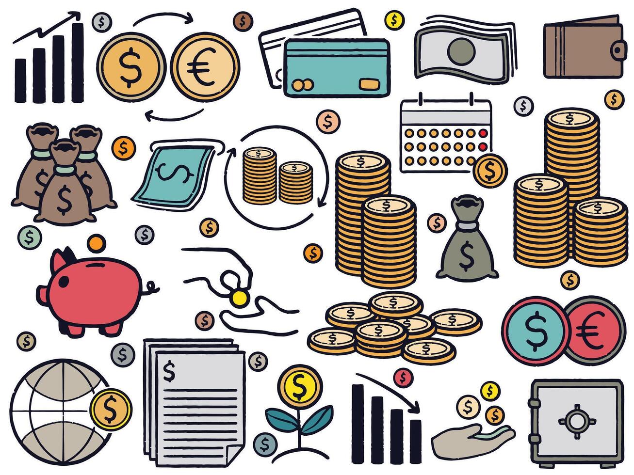 hand drawn doodle business financial symbol set elements colorful style for Banking and finance. vector