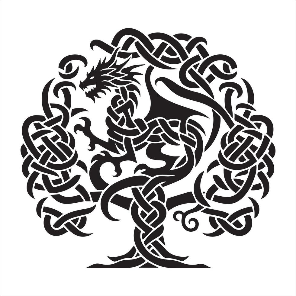 A dragon shaped knotwork Celtic tree logo illustration vector