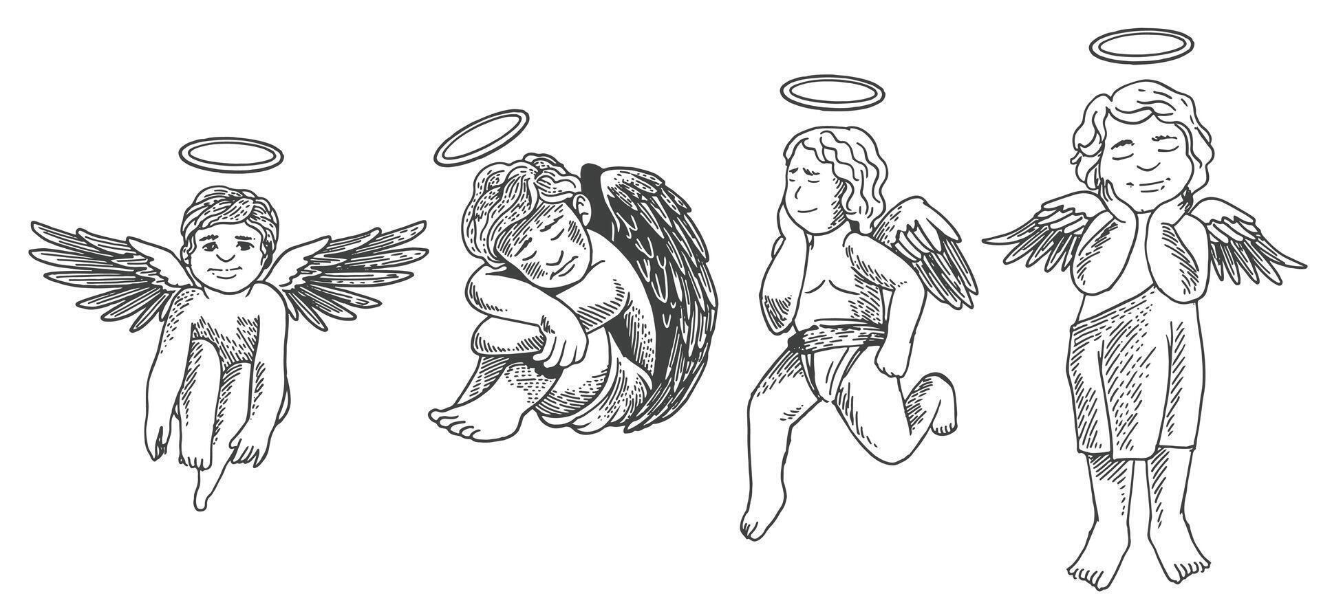Hand drawn of cupid angels from different views in engraving black white style illustration. vector