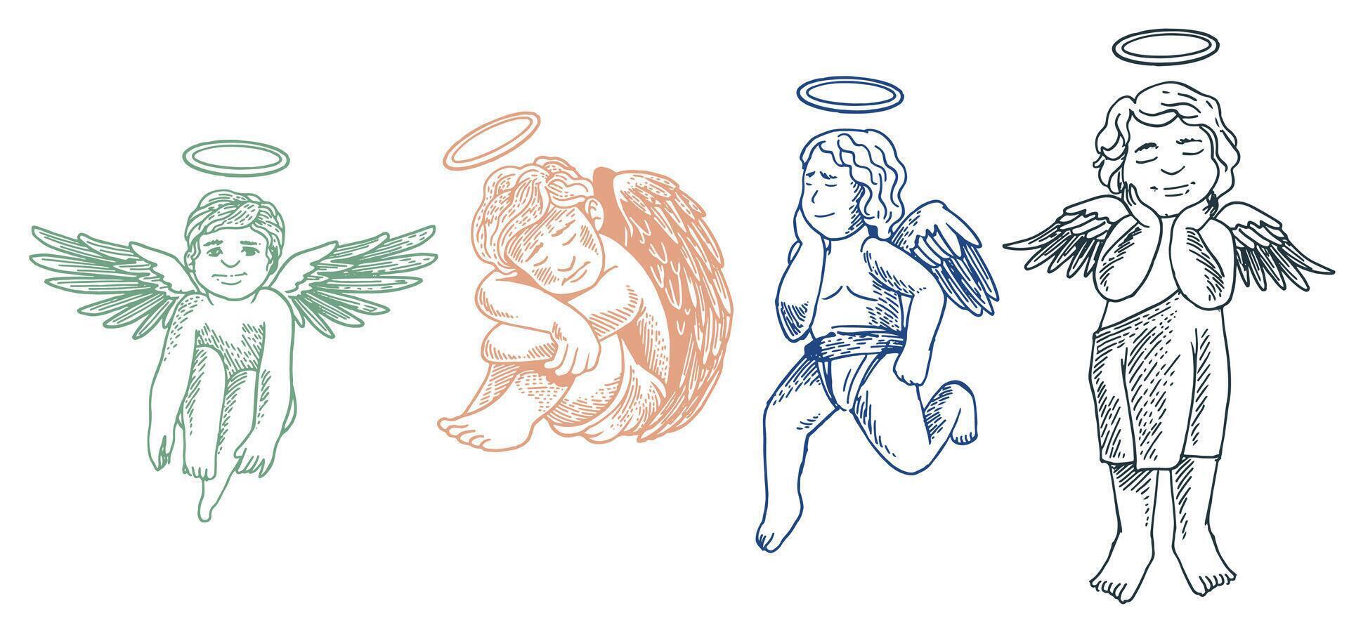 Hand drawn of cupid angels from different views in engraving colorful style illustration. vector