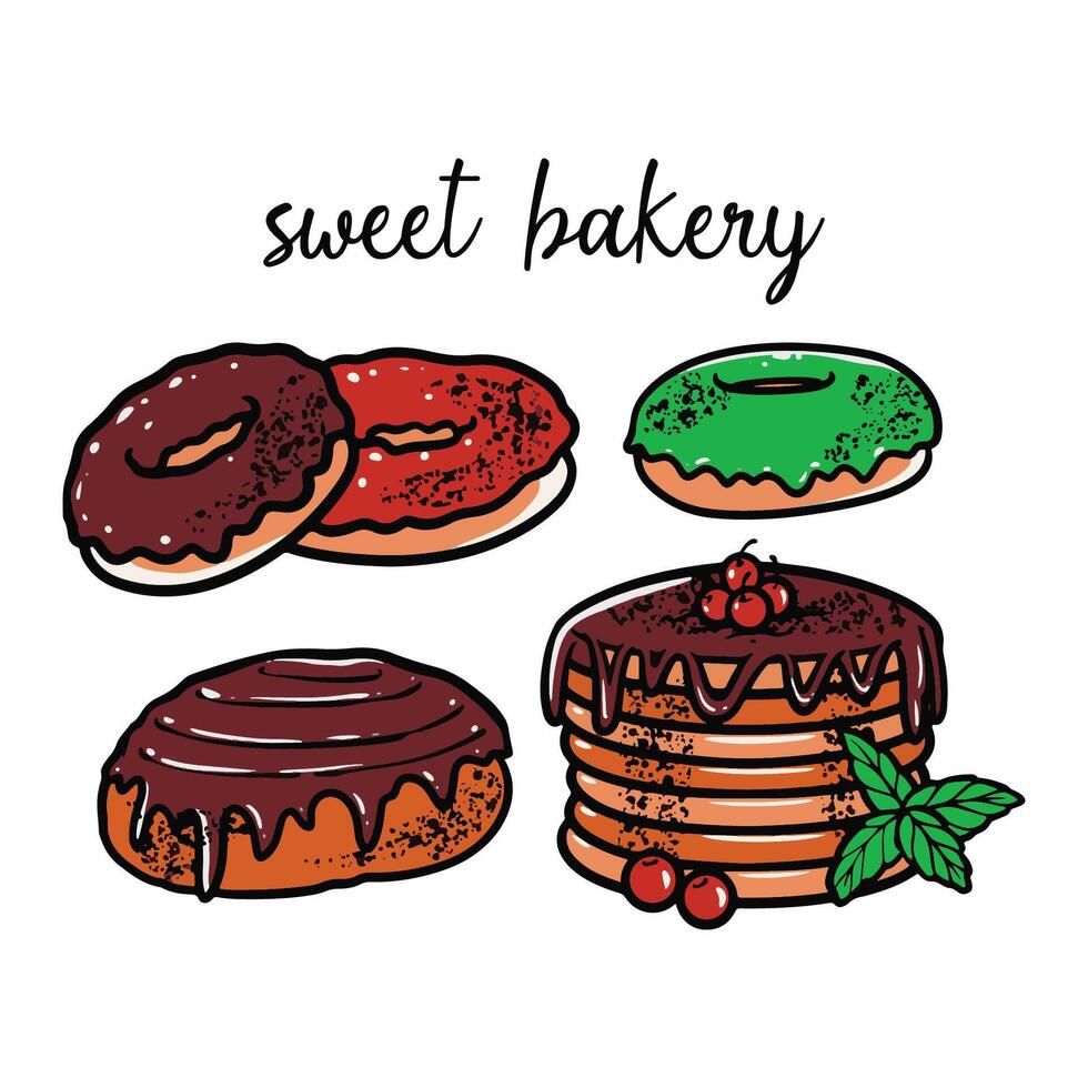 hand drawn engraving desserts set in many kinds of sweet bakery vector