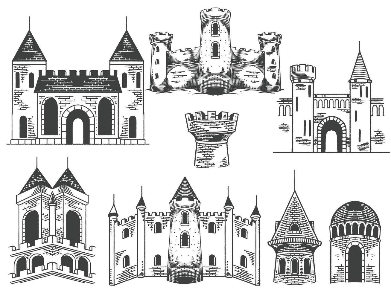 Hand drawn medieval castles drawing ancient building set in engraving black white style . vector