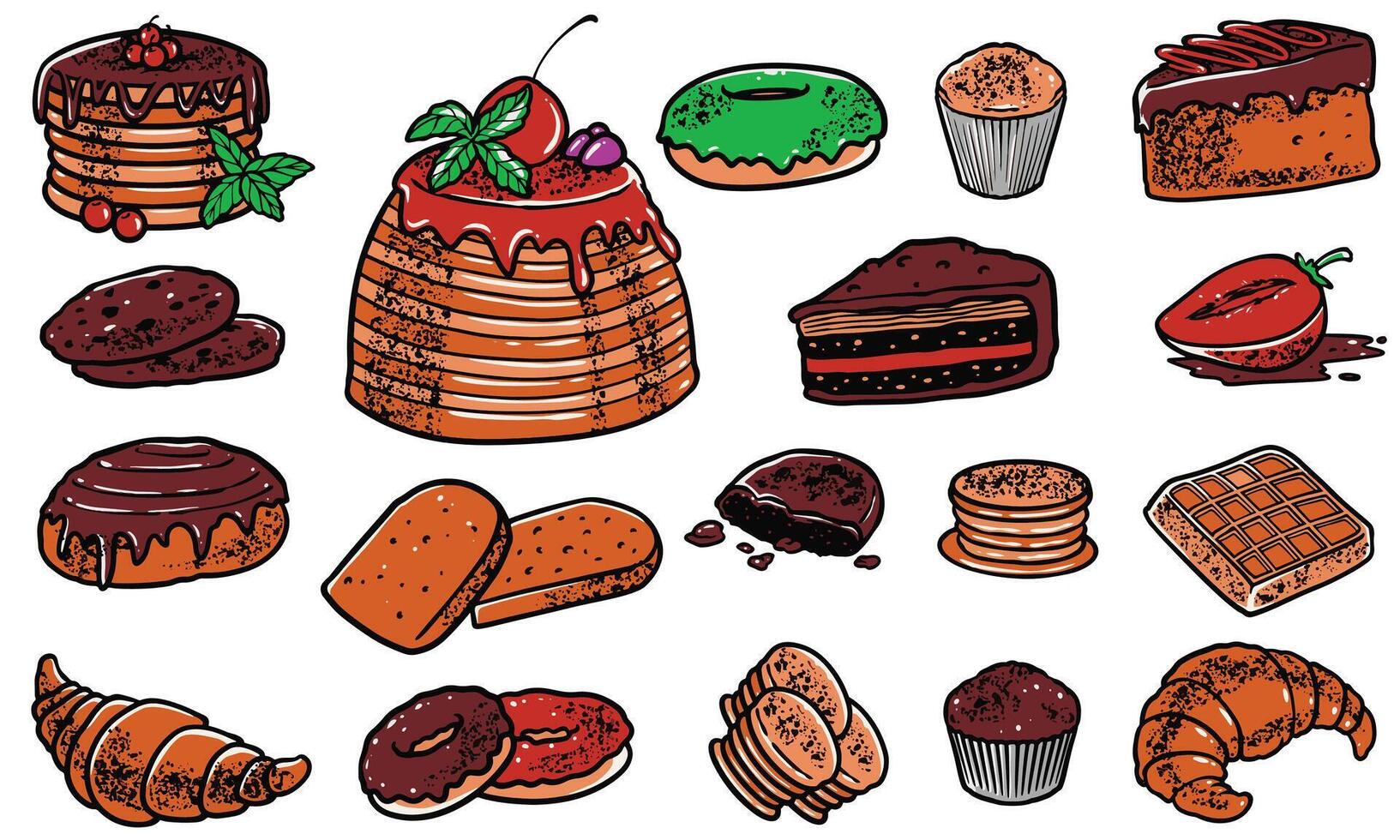 hand drawn engraving desserts set in many kinds of foods in colorful vector