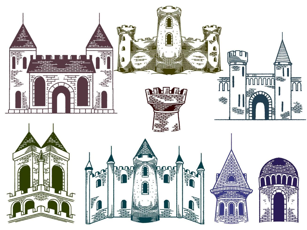 Hand drawn medieval castles drawing ancient building set in engraving colorful style . vector