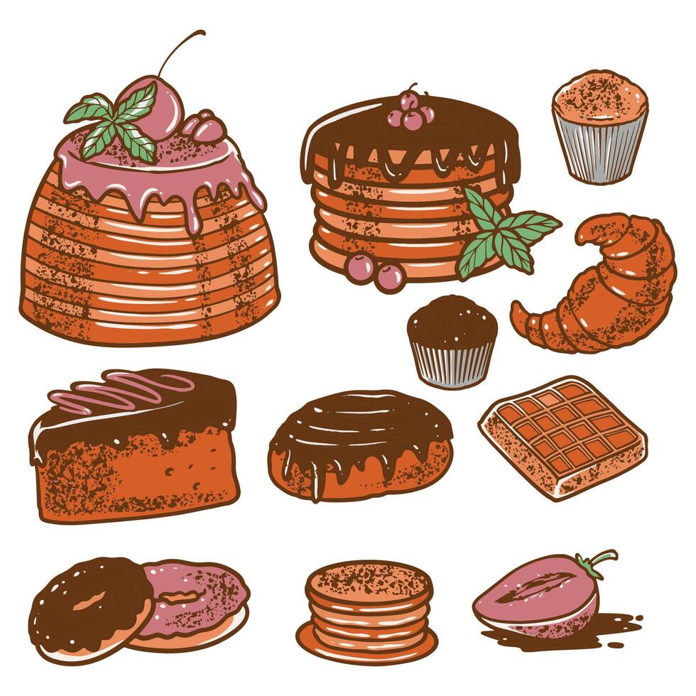 hand drawn engraving desserts set in many kinds of colorful bakery vector