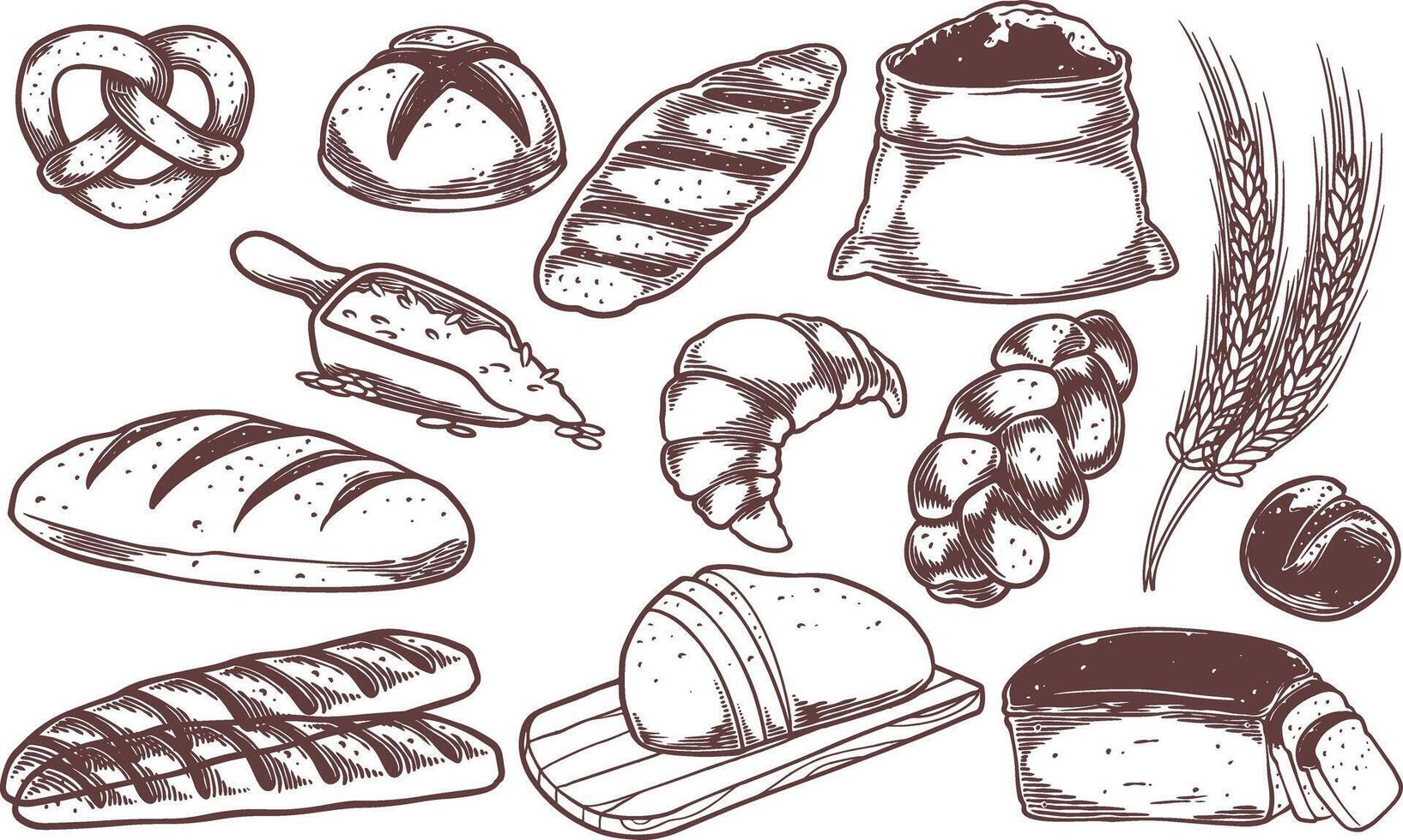 hand drawn engraving bakery products set vector