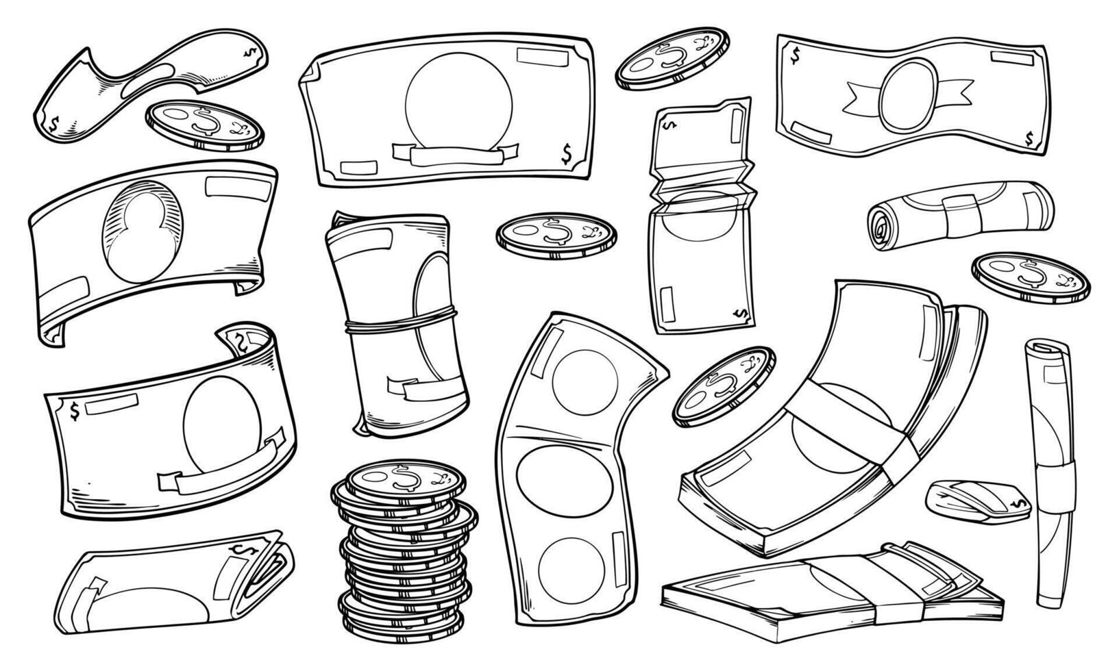 Hand drawn doodle set of dollar money in various objects illustration. vector