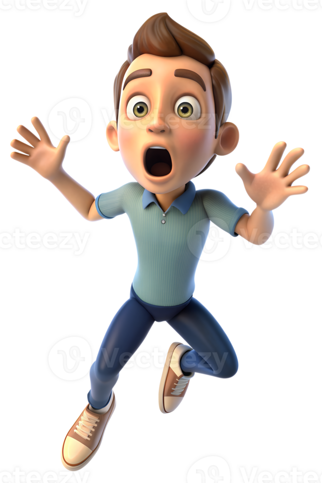 Illustrate a person jumping back slightly, eyes wide, and mouth open, showing a startled reaction png