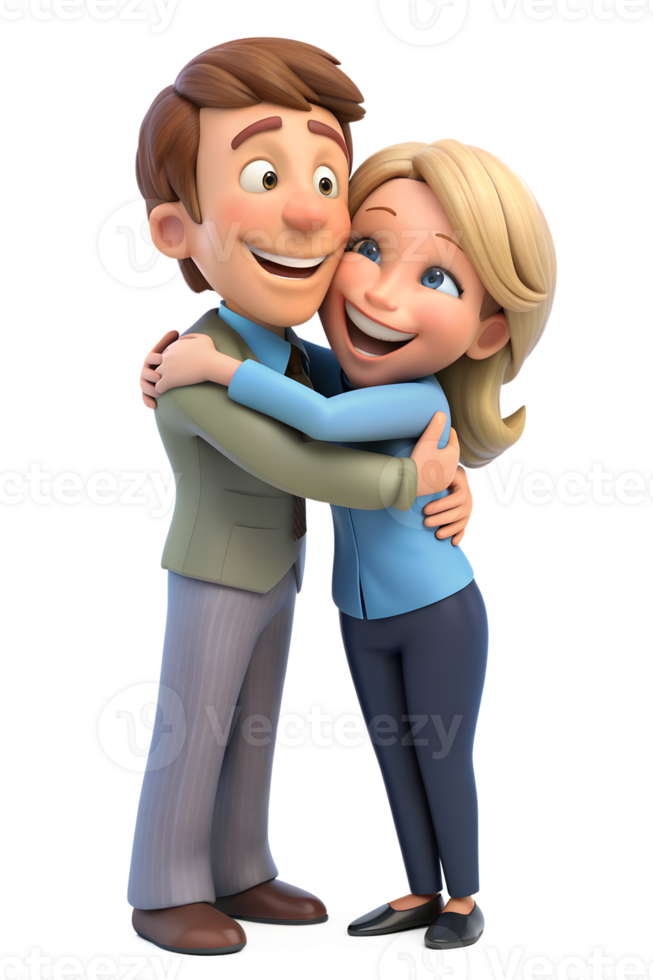 3d cartoon style of Show two people embracing, one with a reassuring smile and the other with a relieved expression, capturing support. isolated on background png