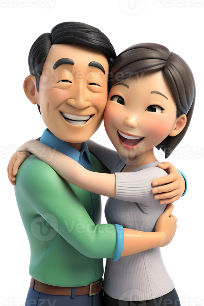 3d cartoon style of Show asian two people embracing, one with a reassuring smile and the other with a relieved expression, capturing support. isolated on background png