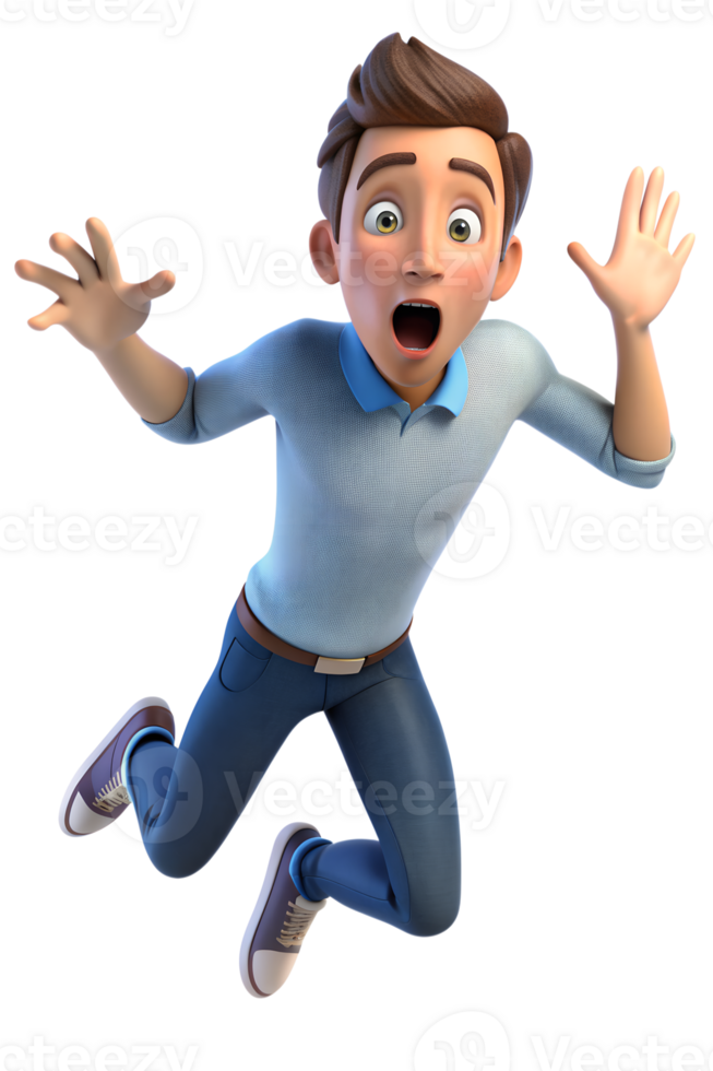 Illustrate a person jumping back slightly, eyes wide, and mouth open, showing a startled reaction png