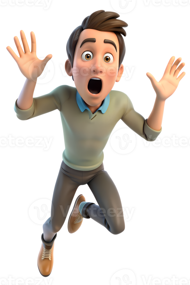 Illustrate a person jumping back slightly, eyes wide, and mouth open, showing a startled reaction png