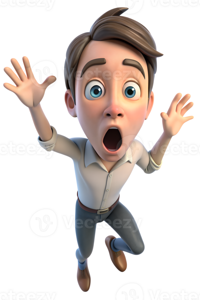 Illustrate a person jumping back slightly, eyes wide, and mouth open, showing a startled reaction png