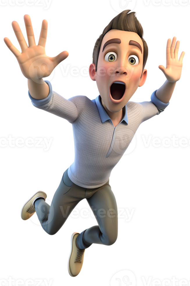 Illustrate a person jumping back slightly, eyes wide, and mouth open, showing a startled reaction png