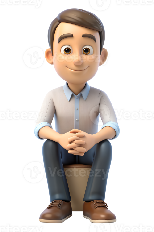 3d cartoon style illustration of a man sitting with his hands clasped together and smiling. png