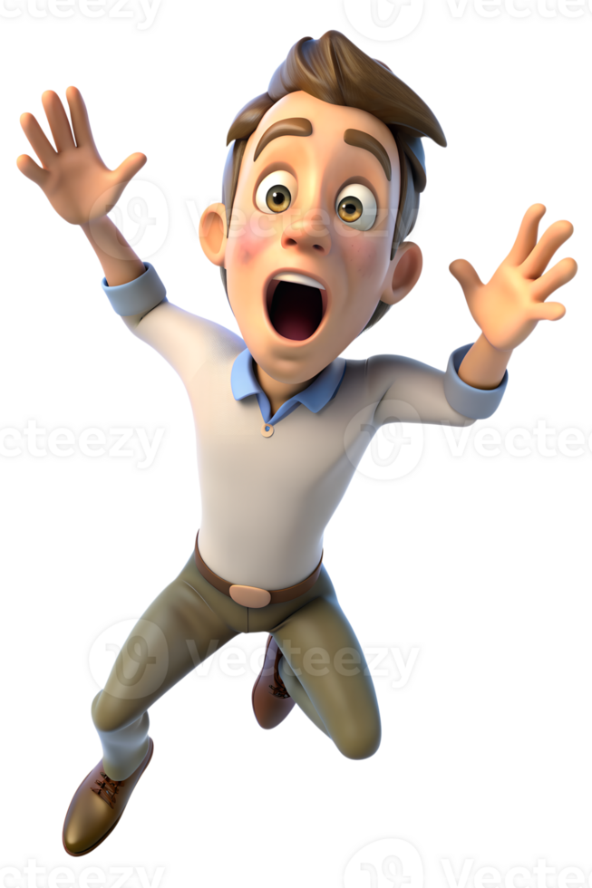 Illustrate a person jumping back slightly, eyes wide, and mouth open, showing a startled reaction png