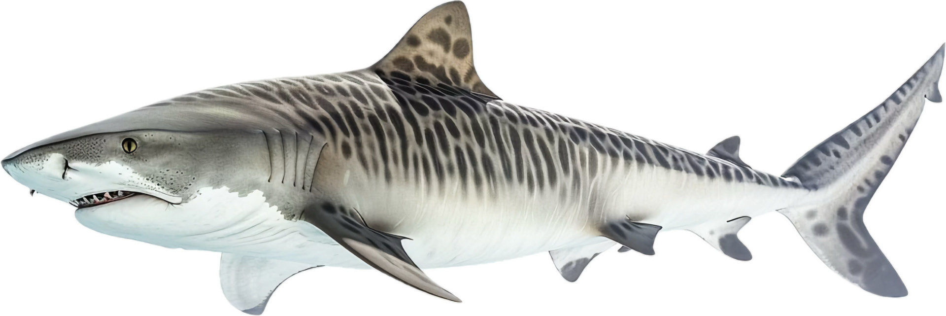 Tiger Shark Swimming with Distinctive Stripes. png