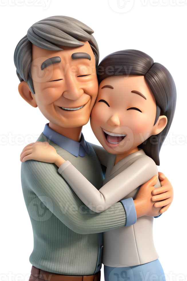 3d cartoon style of Show asian two people embracing, one with a reassuring smile and the other with a relieved expression, capturing support. isolated on background png