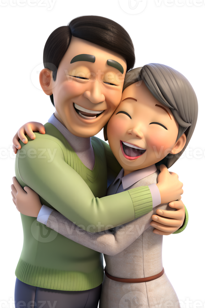 3d cartoon style of Show asian two people embracing, one with a reassuring smile and the other with a relieved expression, capturing support. isolated on background png