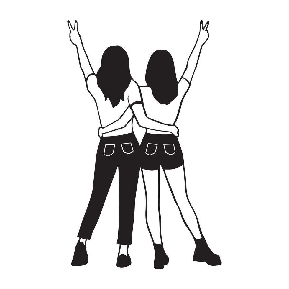 Best friends with victory pose Illustration in black and white vector