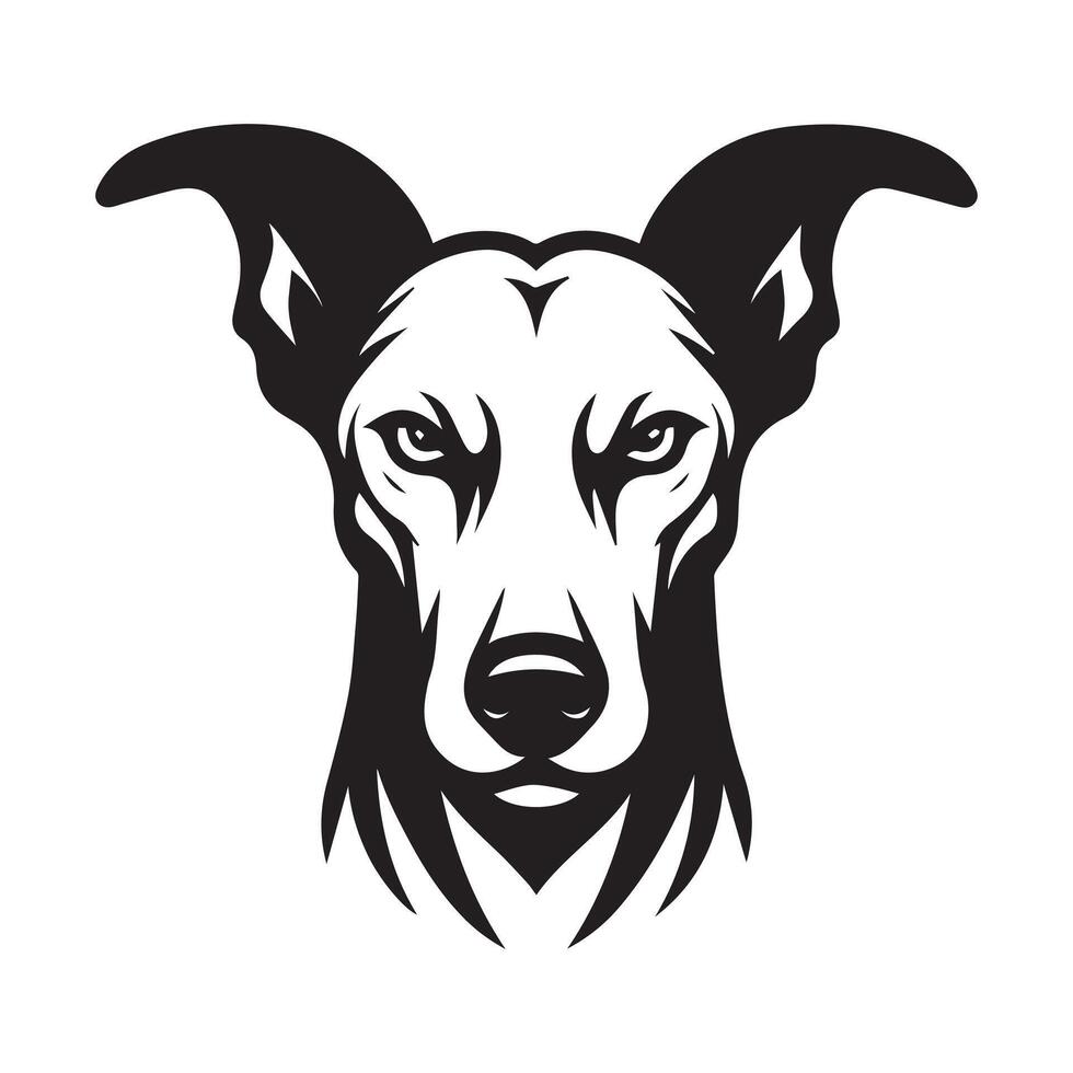 An angry Ibizan Hound Dog Face Illustration in black and white vector